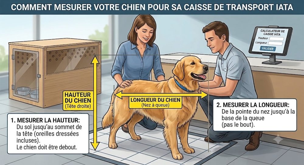 Comment mesurer son chien pour sa caisse de transport IATA : hauteur du sol au sommet de la tête (oreilles dressées) et longueur du nez à la base de la queue
